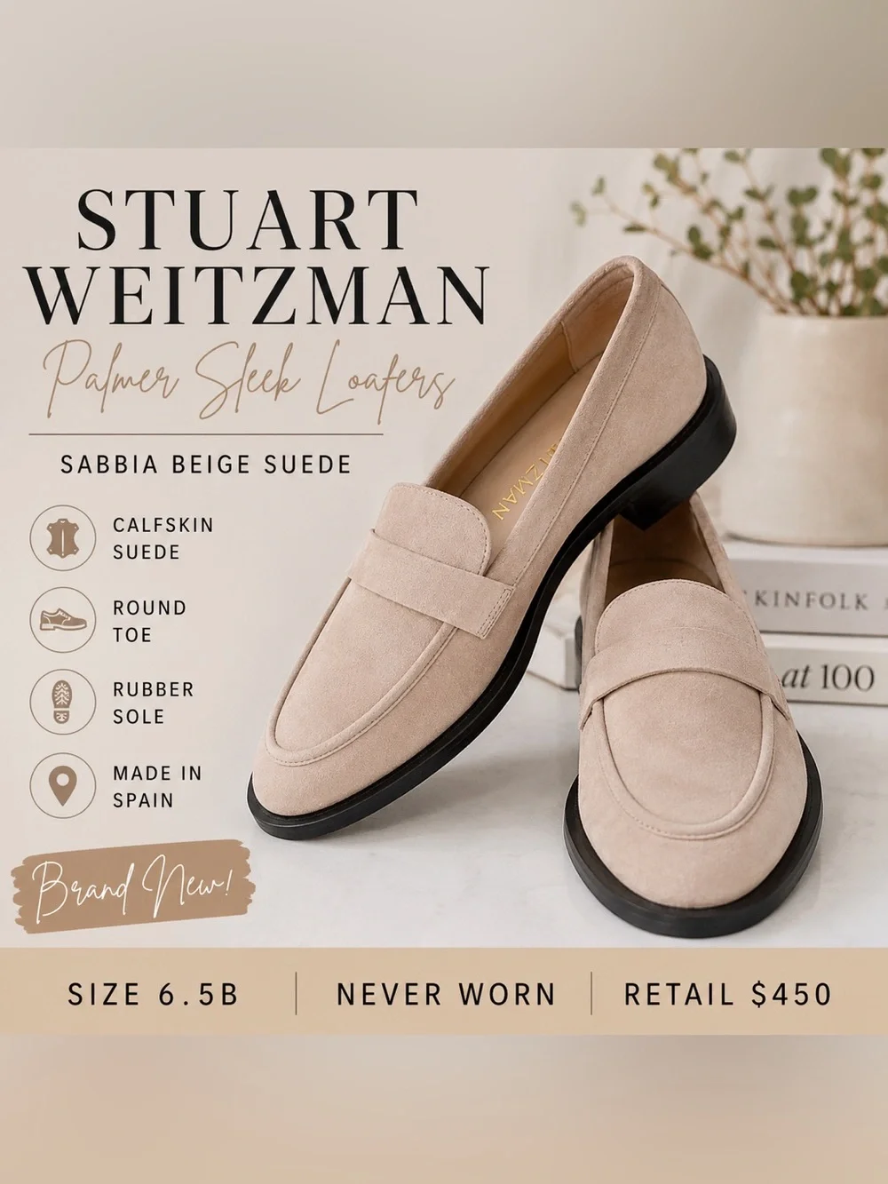 NEW Stuart Weitzman Palmer Sleek Loafers 6.5B Sabbia Beige Suede Leather Spain‎